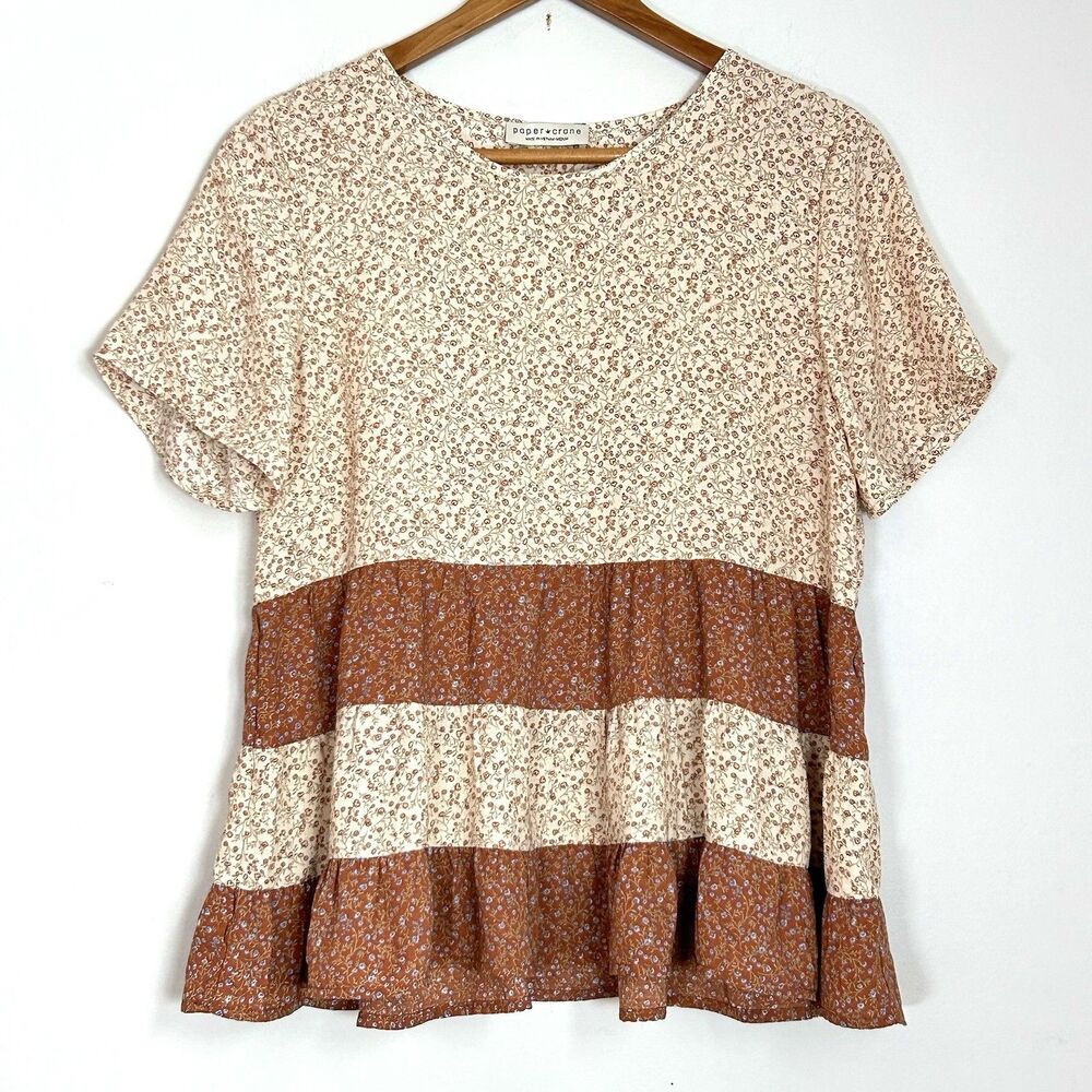 Paper Crane Boho Floral Babydoll Peplum Top Medium Cream Rust